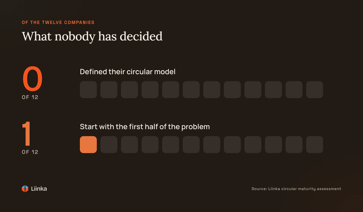Of the twelve companies, none has defined its circular model, and only one starts with the first half of the take-back problem.